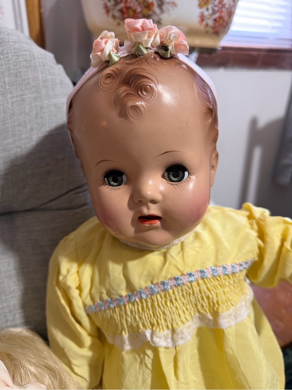 Vintage Madame Alexander Baby Doll in Yellow Dress with Floral Headband
